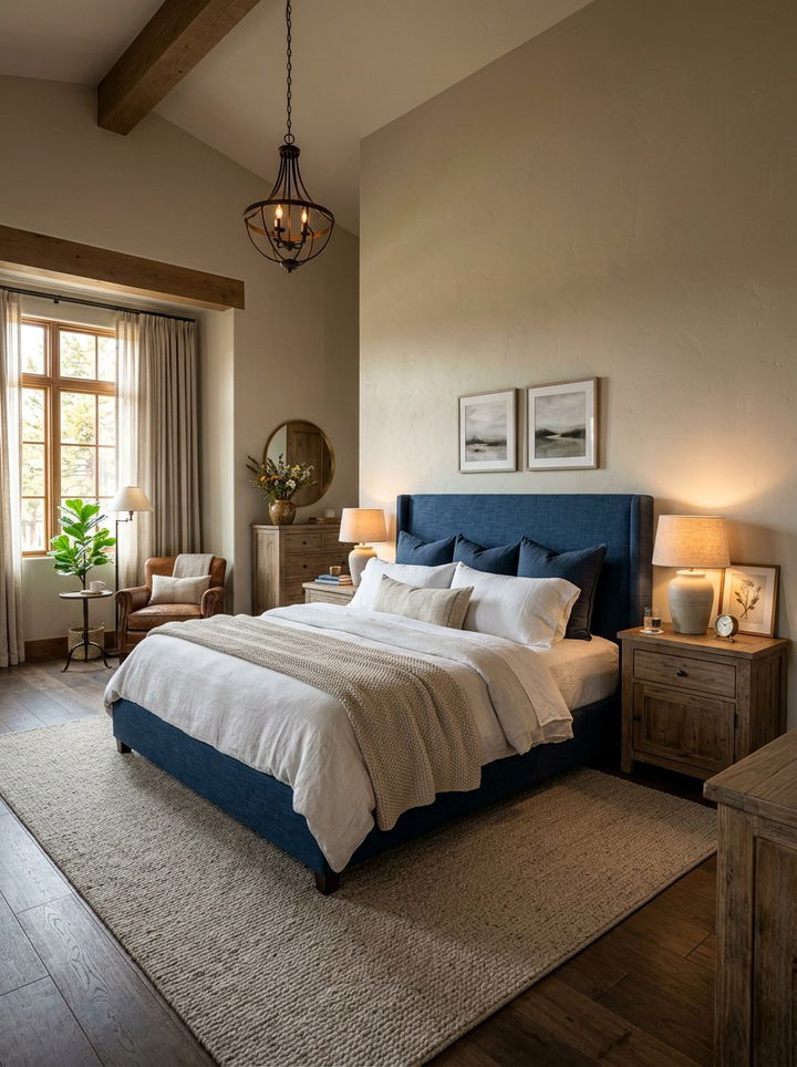 Linen Upholstered Bed - 30 rustic navy bedroom ideas