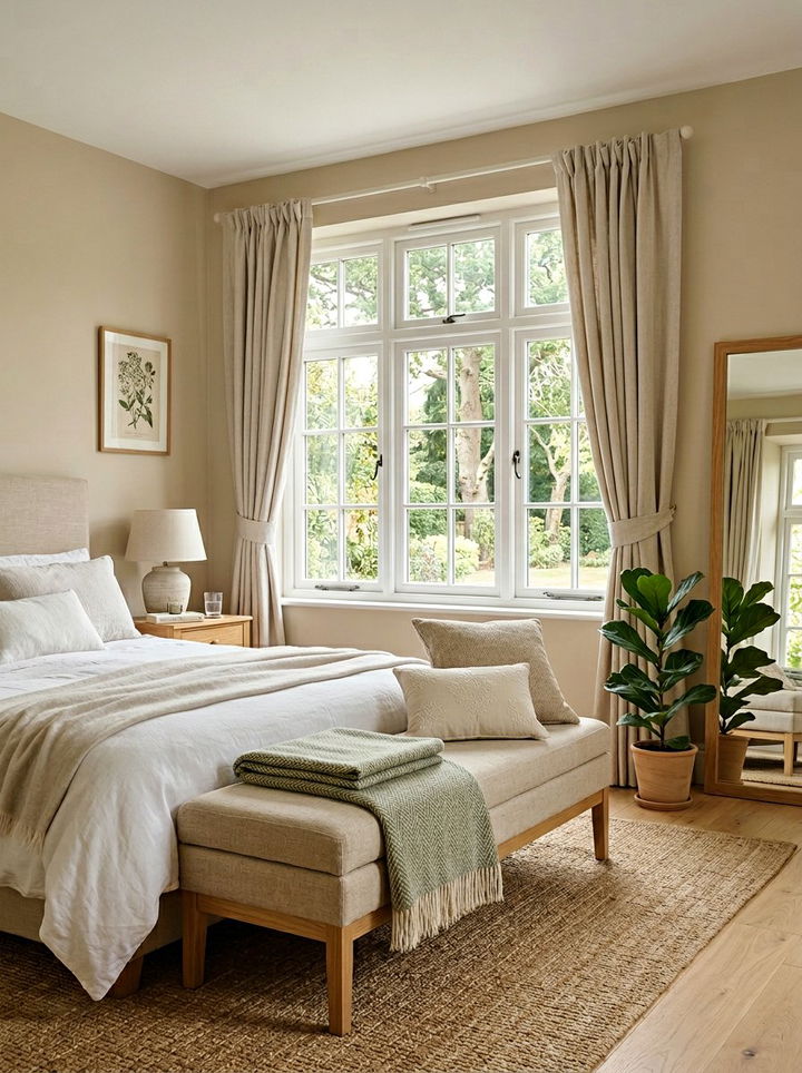 Linen covered bench - 30 beige bedroom furniture ideas