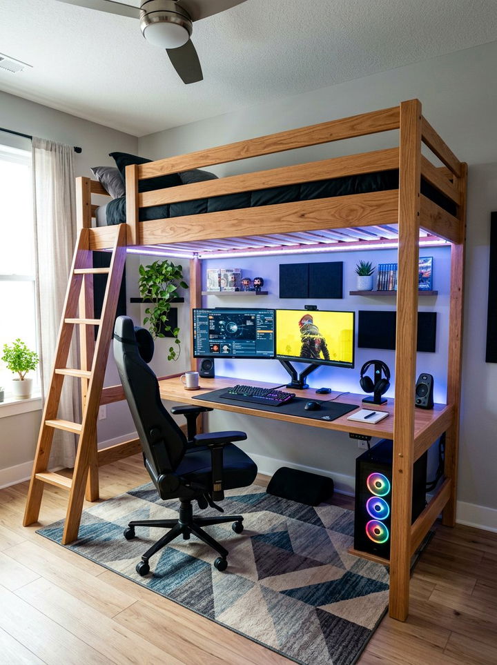 Loft Bed Gaming Workspace - 30 streaming setup bedroom ideas