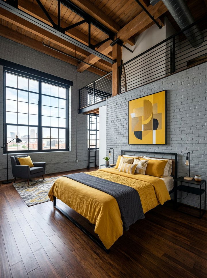 Loft gray brick yellow bedroom - 30 gray yellow bedroom ideas