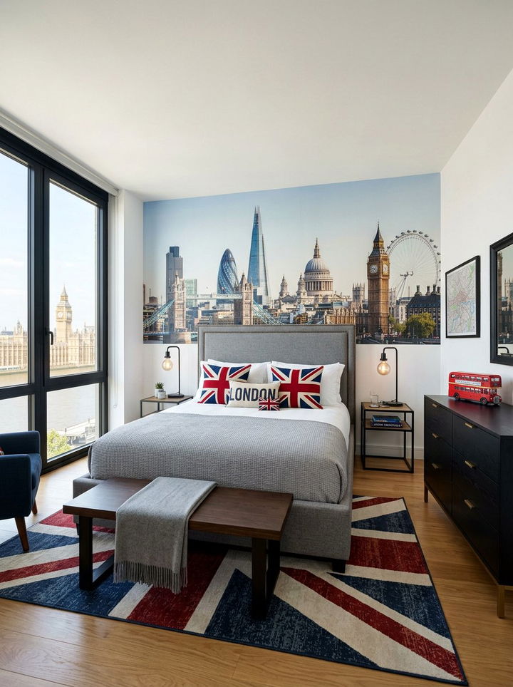 London Cityscape Bedroom - 30 travel themed bedroom ideas