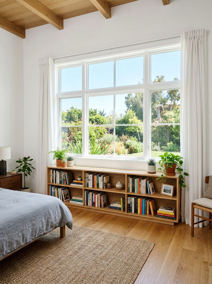 Low Profile Bookshelf Under Window - 30 bedroom bookshelf ideas