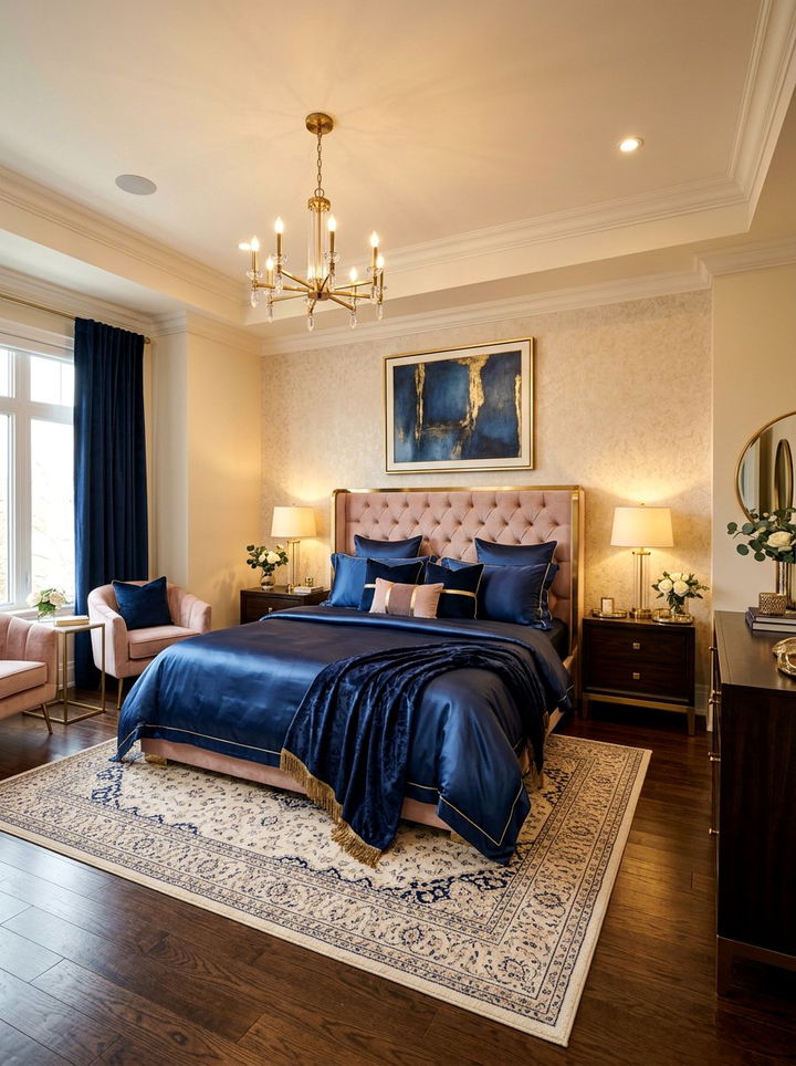 Luxury Navy Silk Bedding - 30 navy and blush bedroom ideas