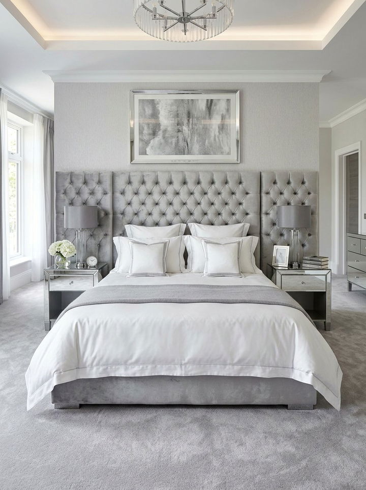 Luxury Silver Velvet Bed - 30 silver and white bedroom ideas