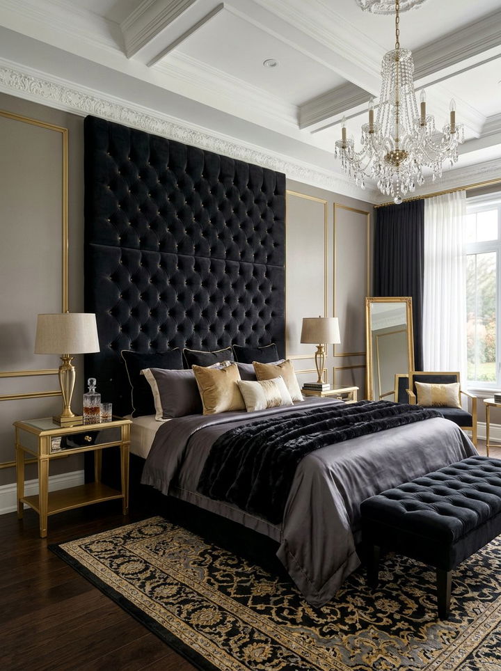 Luxury black velvet headboard bedroom - 30 bedroom black furniture ideas
