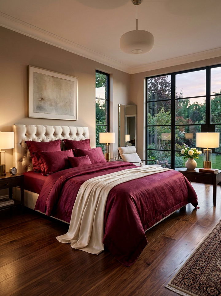 Luxury burgundy silk bedding - 30 burgundy and cream bedroom ideas