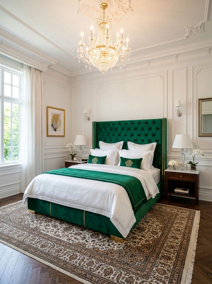 Luxury emerald green velvet bed - 30 emerald and white bedroom ideas