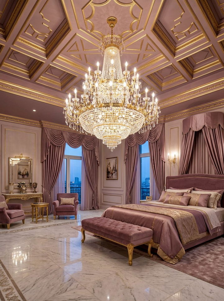 Luxury mauve suite gold chandelier - 30 mauve and gold bedroom ideas