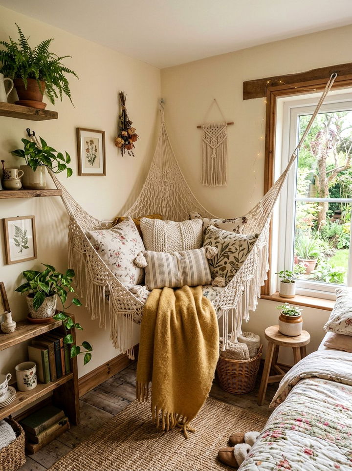 Macrame Corner Hammock - 30 macrame bedroom ideas