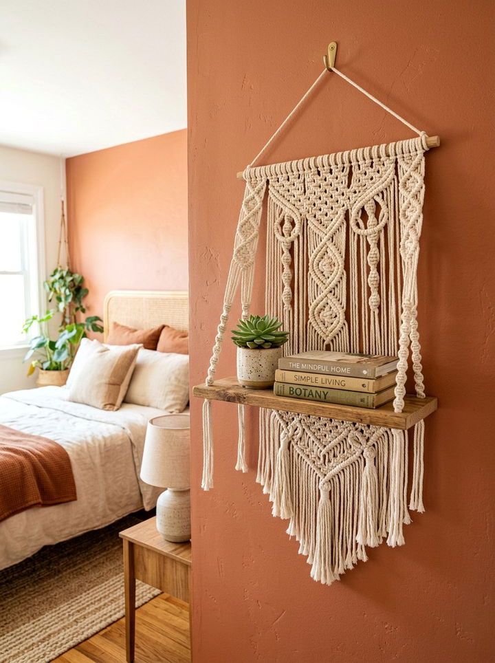Macrame Hanging Shelf - 30 macrame bedroom ideas