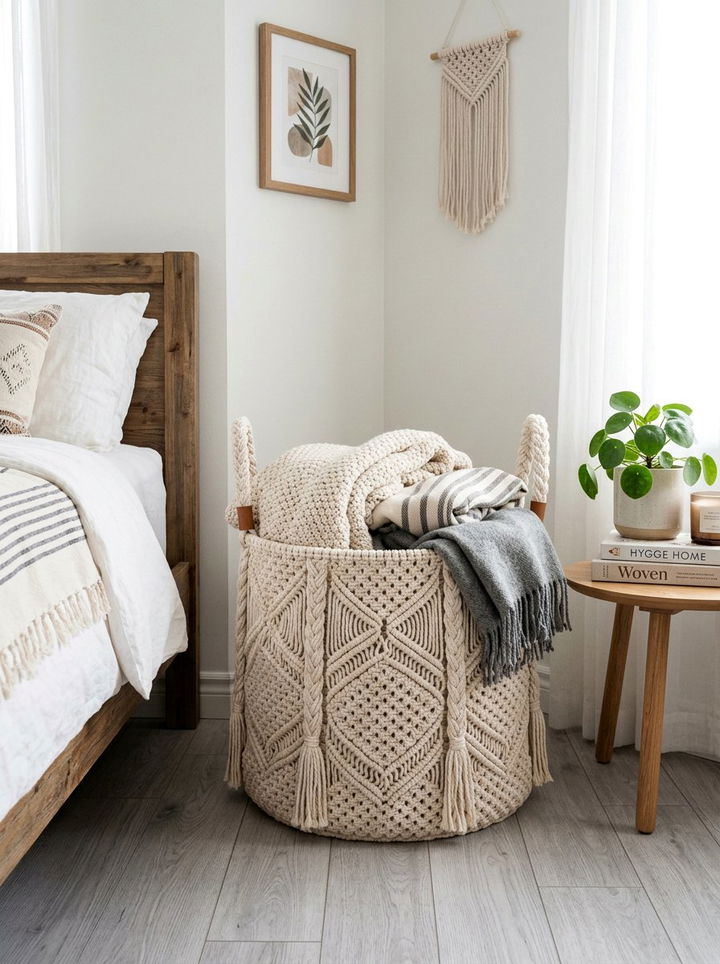 Macrame Storage Basket - 30 macrame bedroom ideas