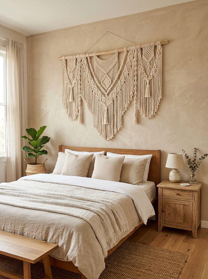 Macrame Wall Decor - 30 bohemian beige bedroom ideas