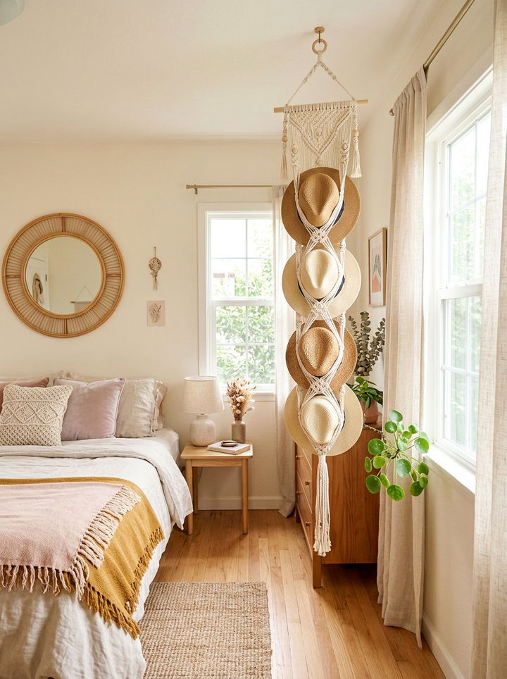 Macrame hat hanger - 30 bedroom hat storage ideas