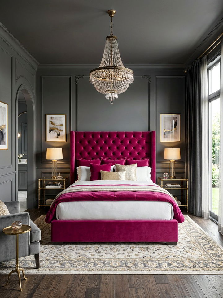 Magenta Velvet Bed - 30 hot pink bedroom ideas