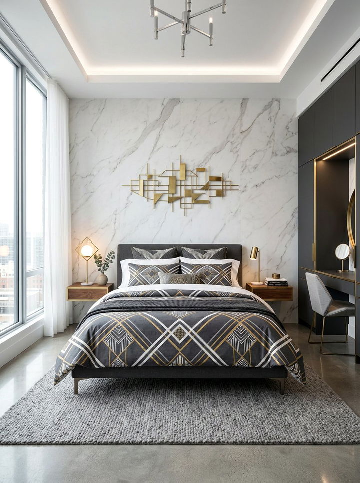 Marble Wallpaper Geometric Bedding - 30 bedroom pattern mixing ideas