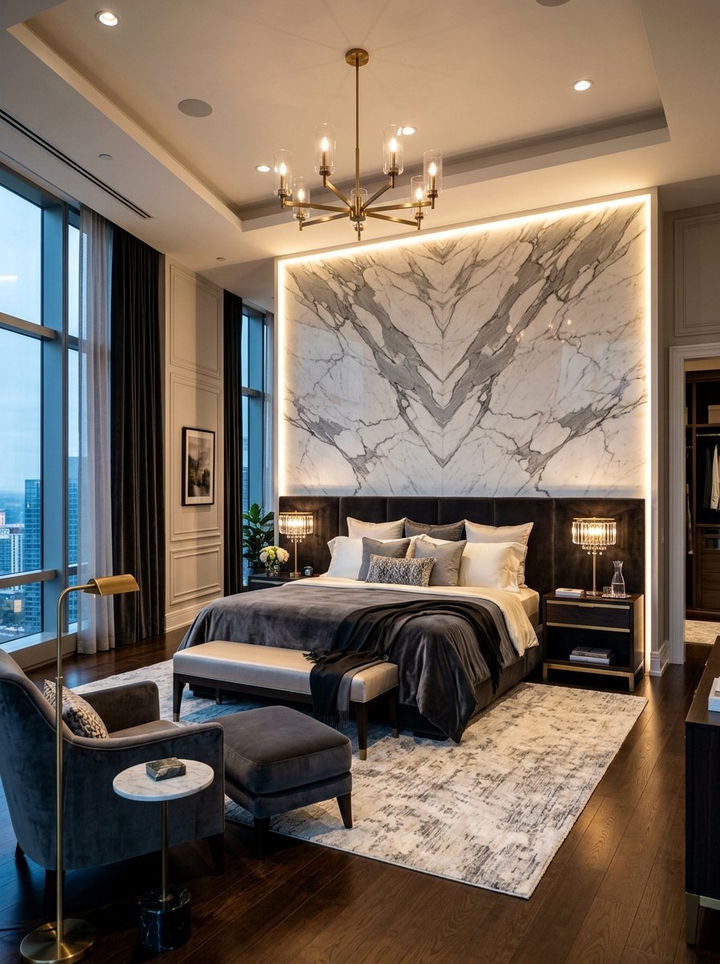 Marble accent wall behind bed - 30 bespoke bedroom ideas
