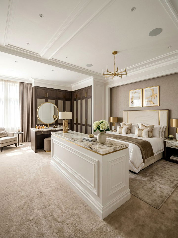 Marble topped pony wall for luxury bedroom - 30 bedroom pony wall ideas