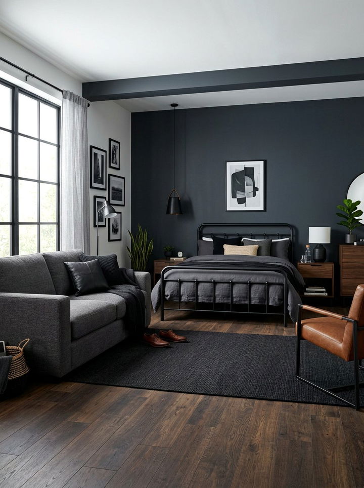 Masculine Bedroom With Dark Grey Sofa - 30 bedroom with lounge ideas