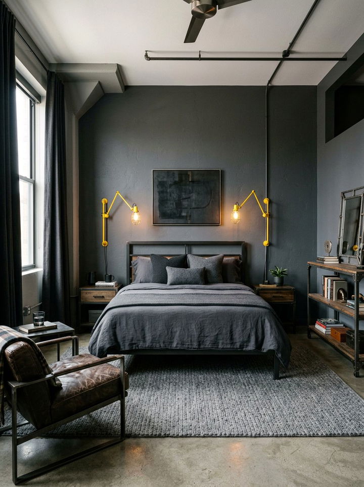 Masculine Gray Bedroom Yellow Industrial Lamps - 30 gray and yellow bedroom ideas