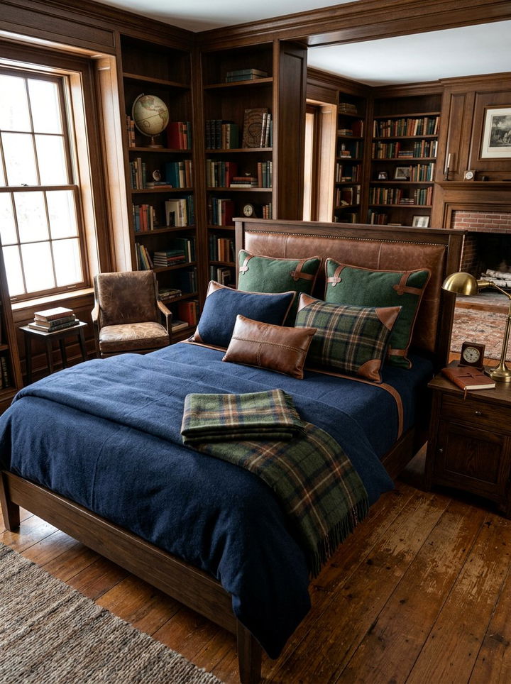 Masculine Leather Accent Bedding - 30 bedroom layered bedding ideas