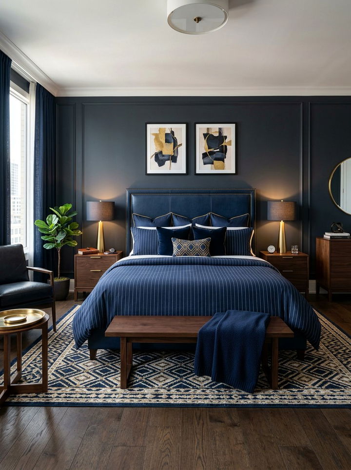Masculine Navy And Gold Bedroom Setup - 30 navy and gold bedroom ideas