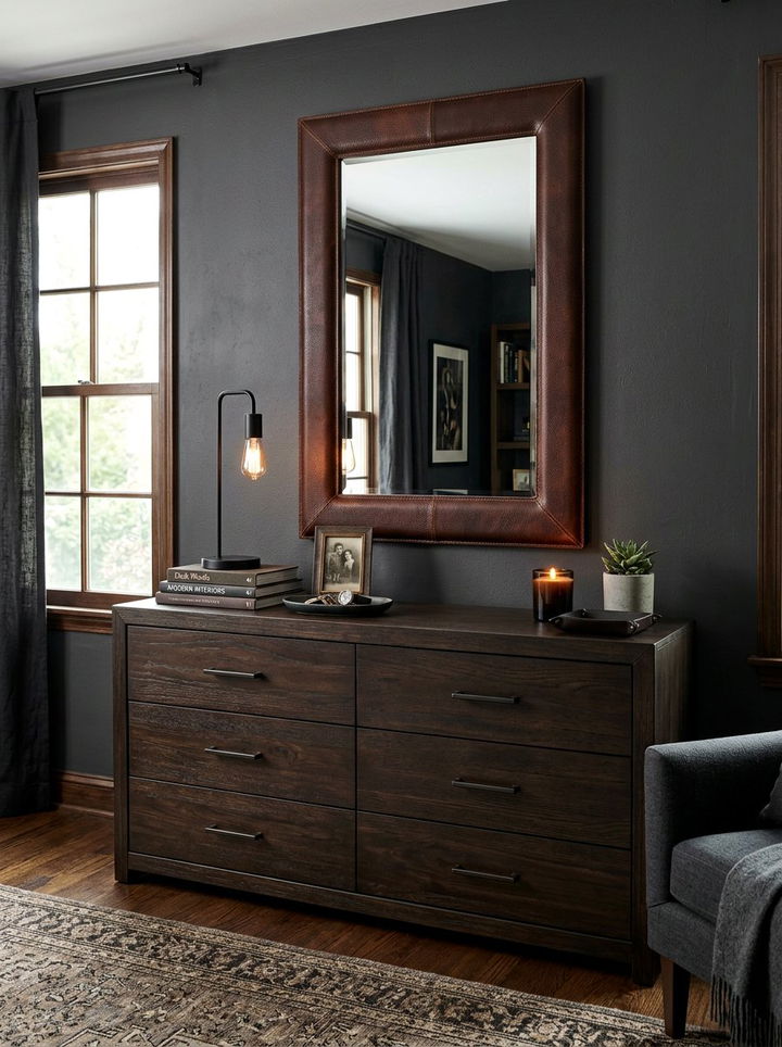 Masculine dark wood dresser with leather frame mirror - 30 bedroom dresser with mirror ideas