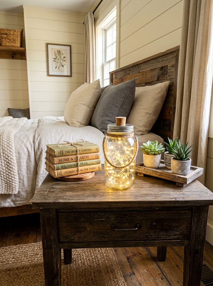 Mason jar fairy lights on nightstand - 30 bedroom string lights ideas