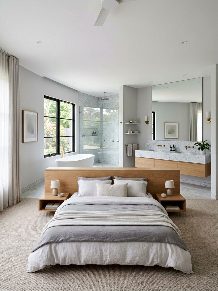 Master bedroom with integrated bathroom - 30 open plan bedroom ideas