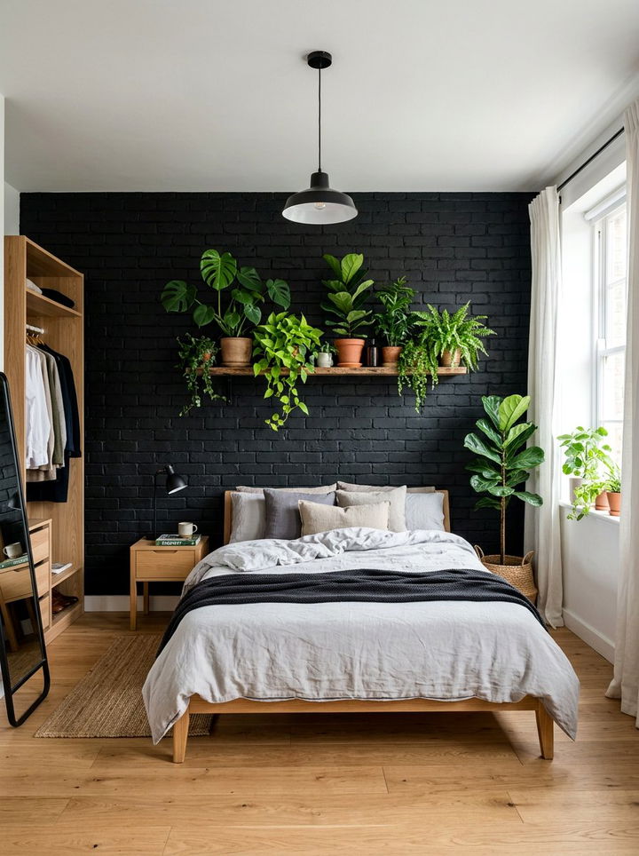 Matte Black Brick Wall - 30 bedroom brick wall ideas