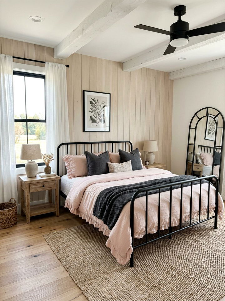 Matte Black Metal Bed Blush Bedding - 30 charcoal and blush bedroom ideas