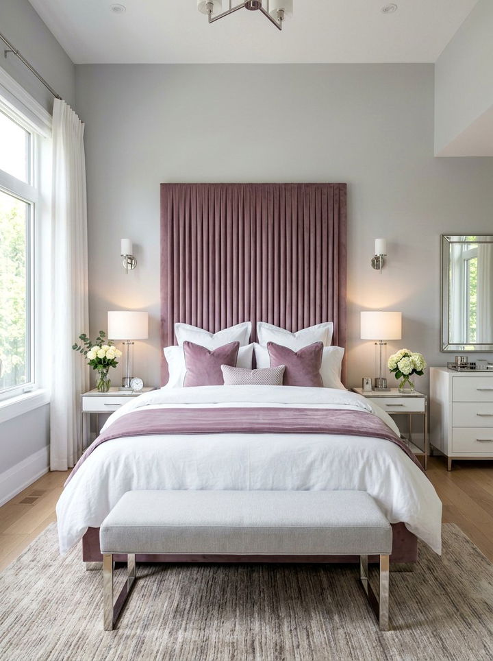 Mauve Velvet Pleated Headboard - 30 bedroom velvet headboards