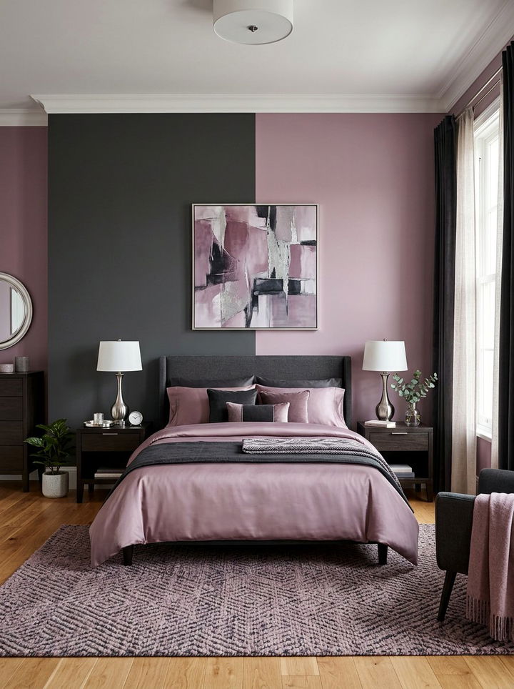 Mauve and charcoal color block - 30 bedroom color blocking ideas
