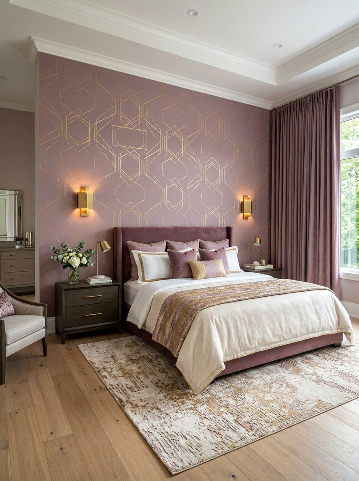 Mauve and gold accent wall - 30 mauve and gold bedroom ideas