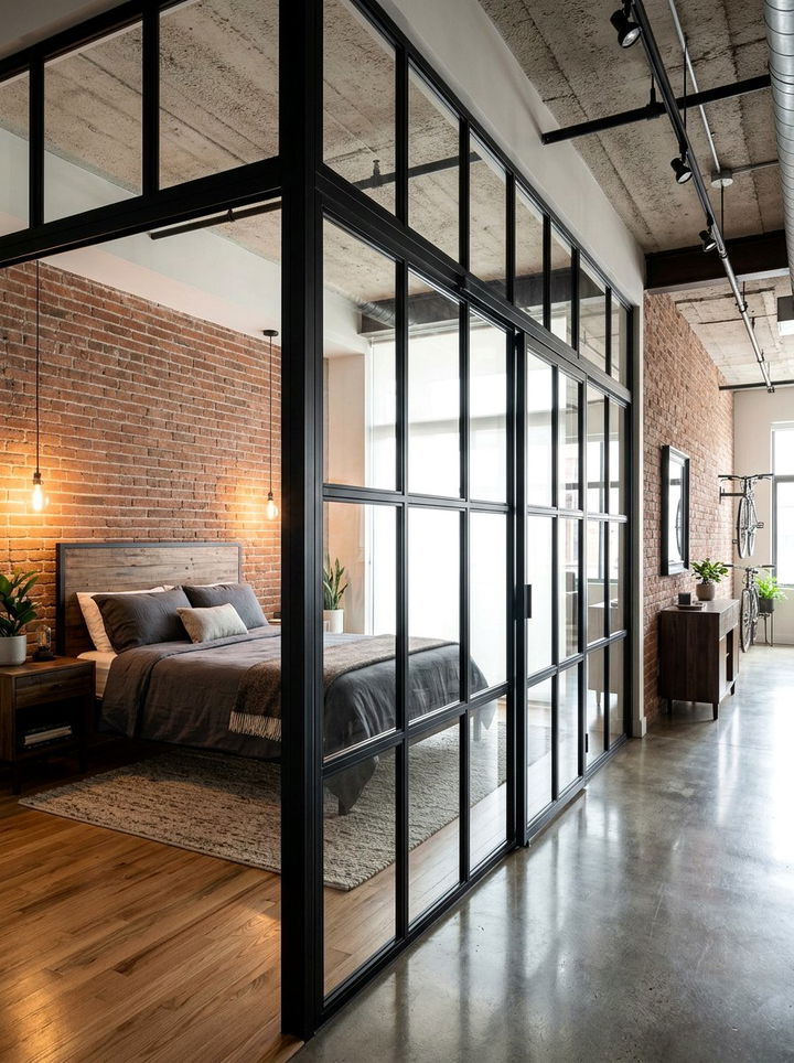 Metal Frame Glass Room Divider - 30 bedroom zoning ideas