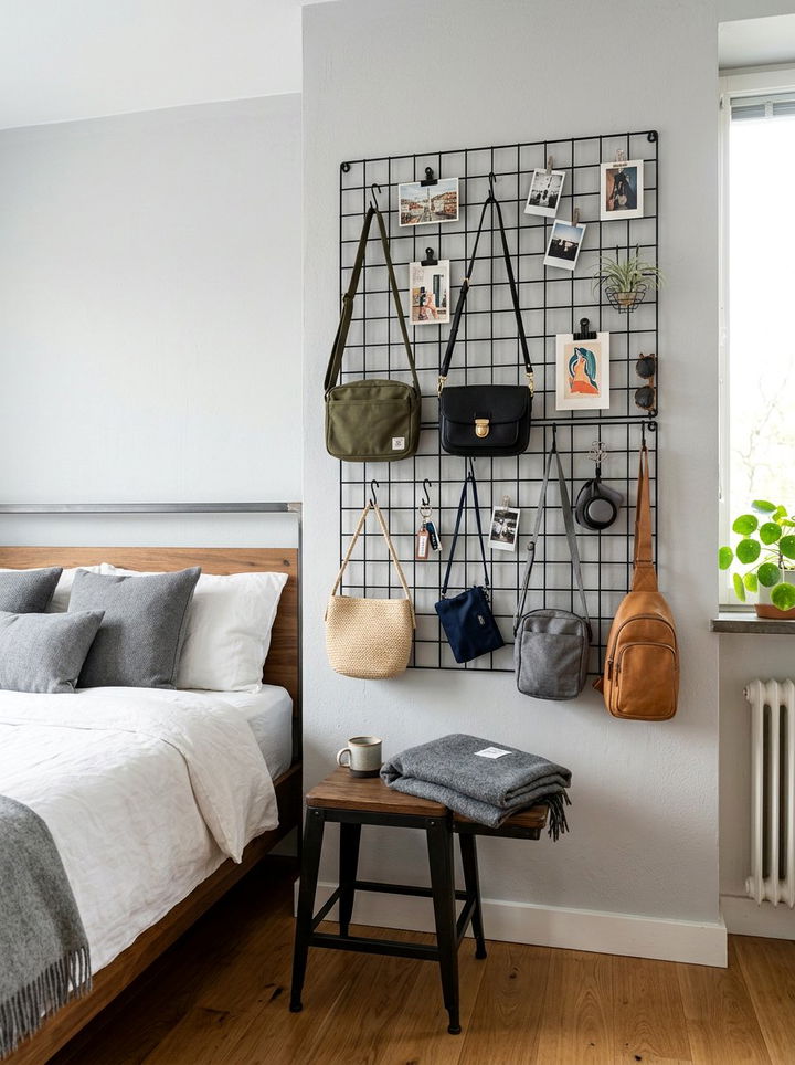 Metal Grid Wall Organizer - 30 bedroom bag storage ideas