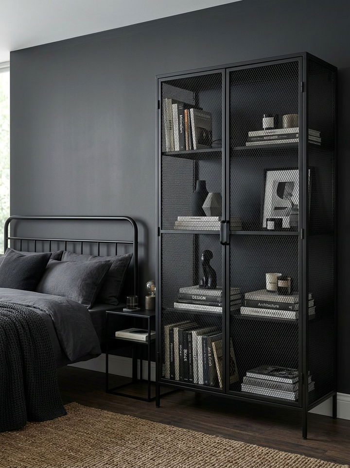 Metal Mesh Cabinet - 30 industrial black bedroom ideas