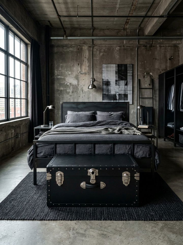 Metal Trunk Storage - 30 industrial black bedroom ideas