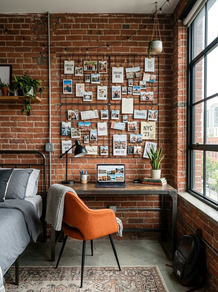 Metal grid photo organizer - 30 bedroom memory wall ideas