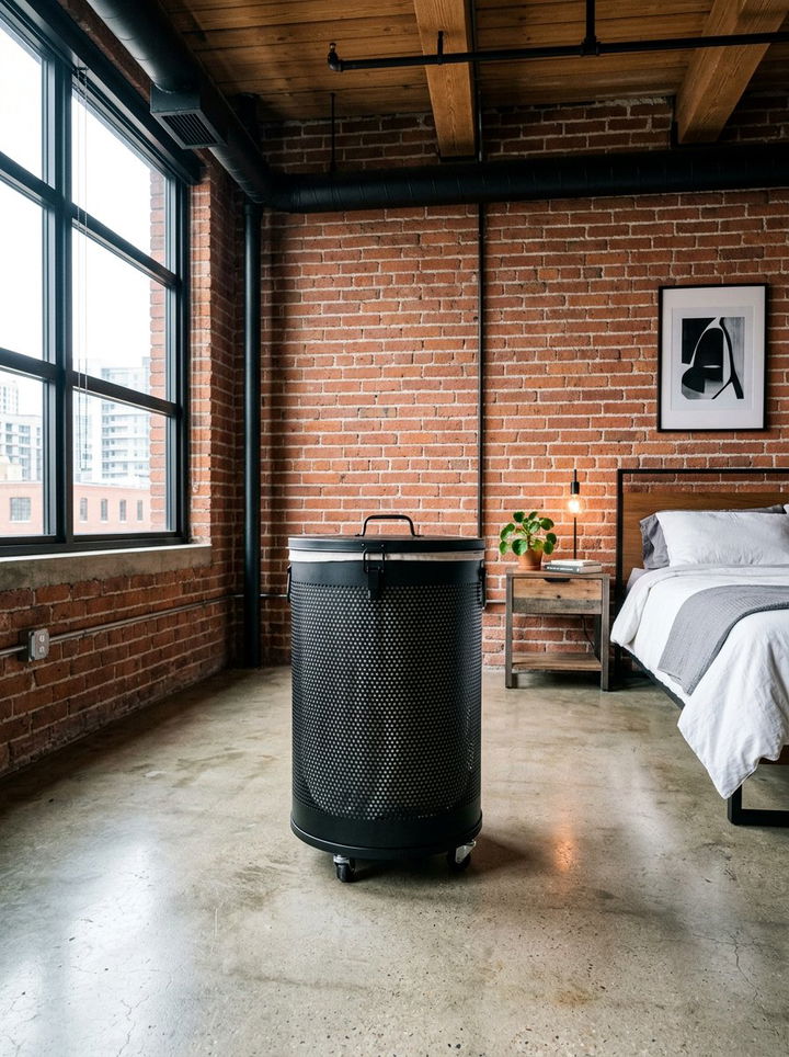 Metal laundry bin - 30 bedroom dirty clothes storage ideas