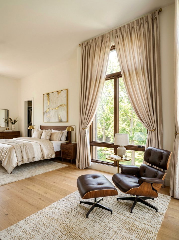 Metallic Silk Curtains - 30 mid-century glam bedroom ideas