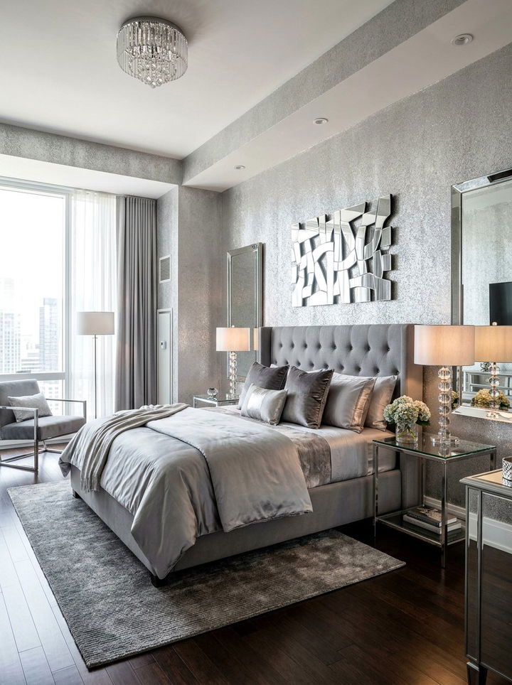 Metallic Silver Bedroom - 30 bedroom bold wallpapers