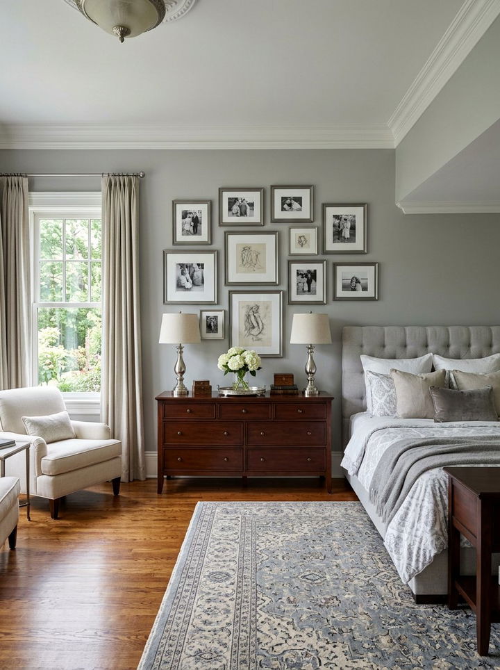 Metallic grey picture frames - 30 traditional grey bedroom ideas