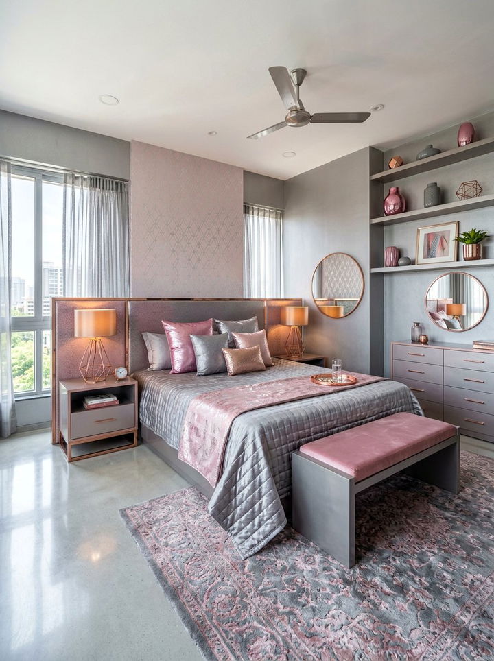 Metallic pink and gray bedroom - 30 pink and gray bedroom ideas