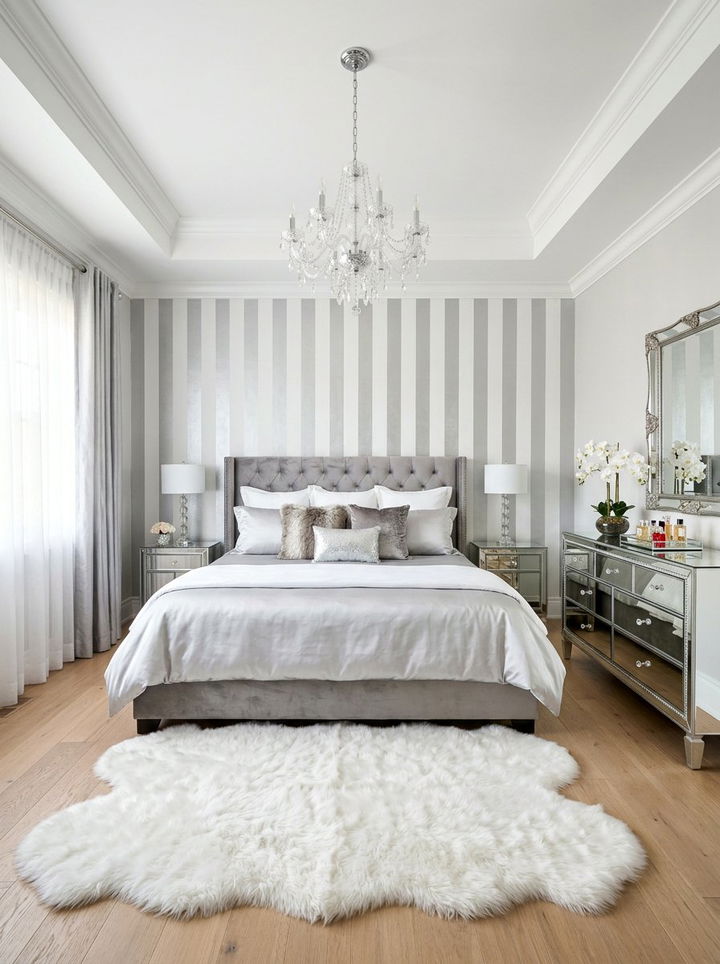Metallic silver striped bedroom - 30 bedroom striped wall ideas