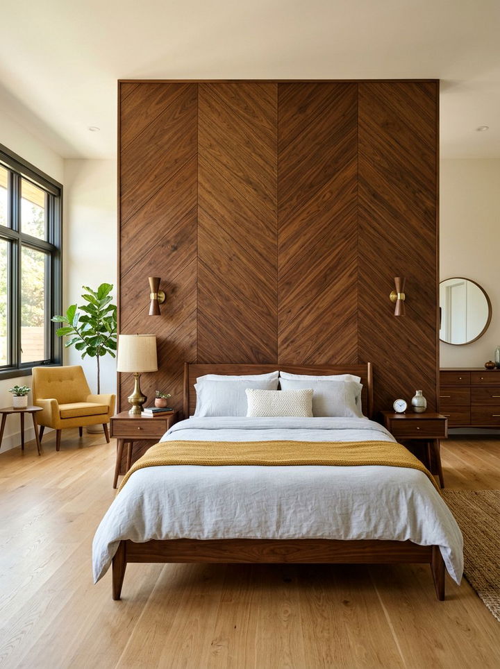 Mid Century Modern Walnut Chevron Wall - 30 bedroom chevron wall ideas