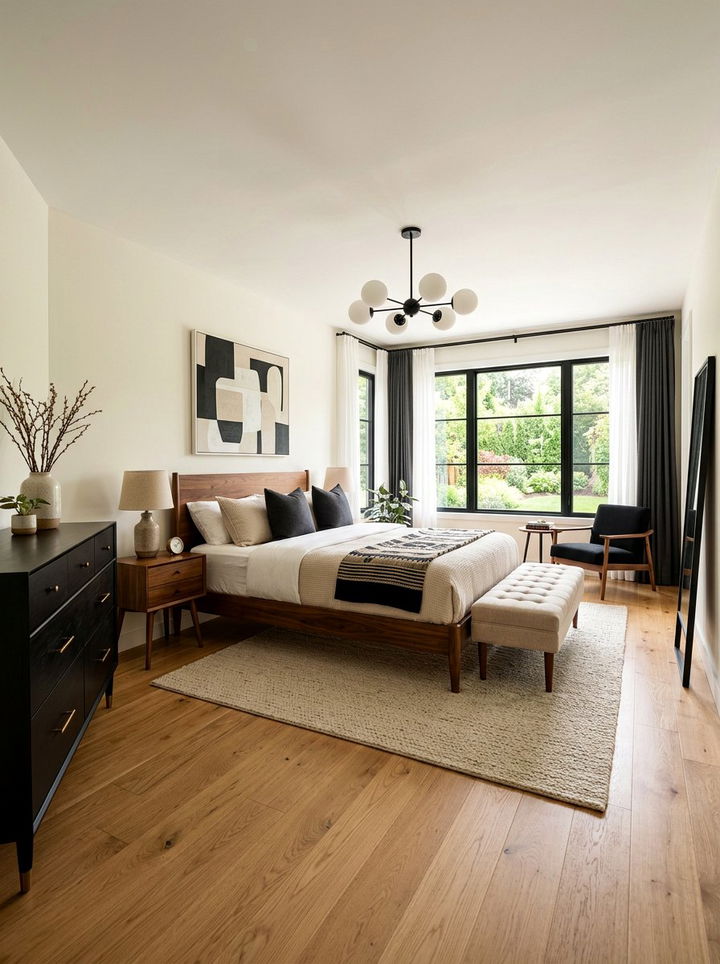 Mid century modern black and beige bedroom