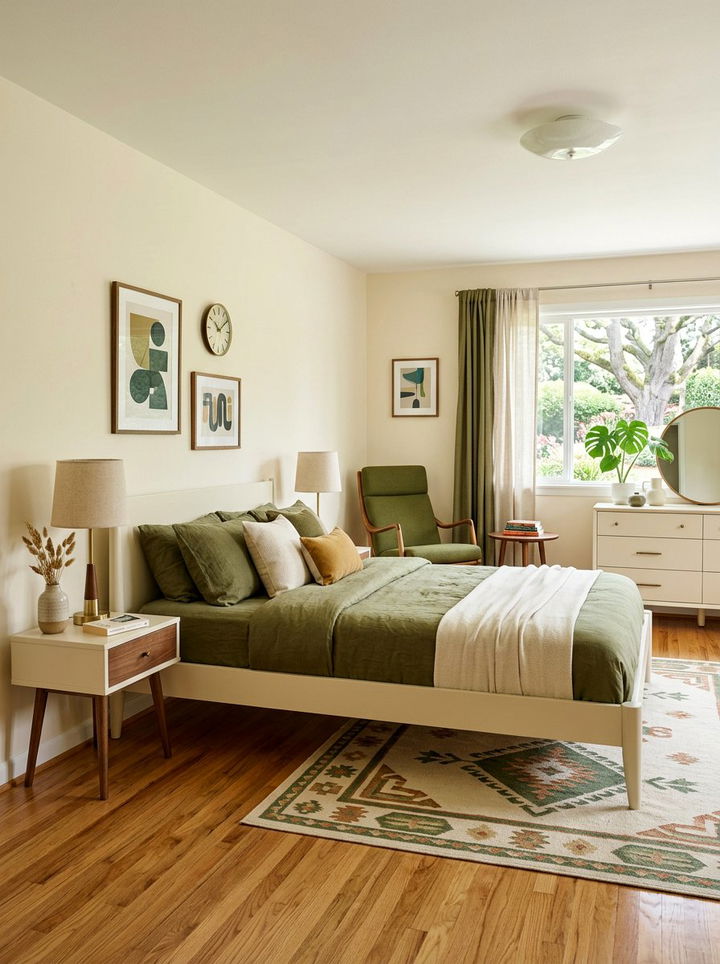Mid century modern olive room - 30 olive and cream bedroom ideas