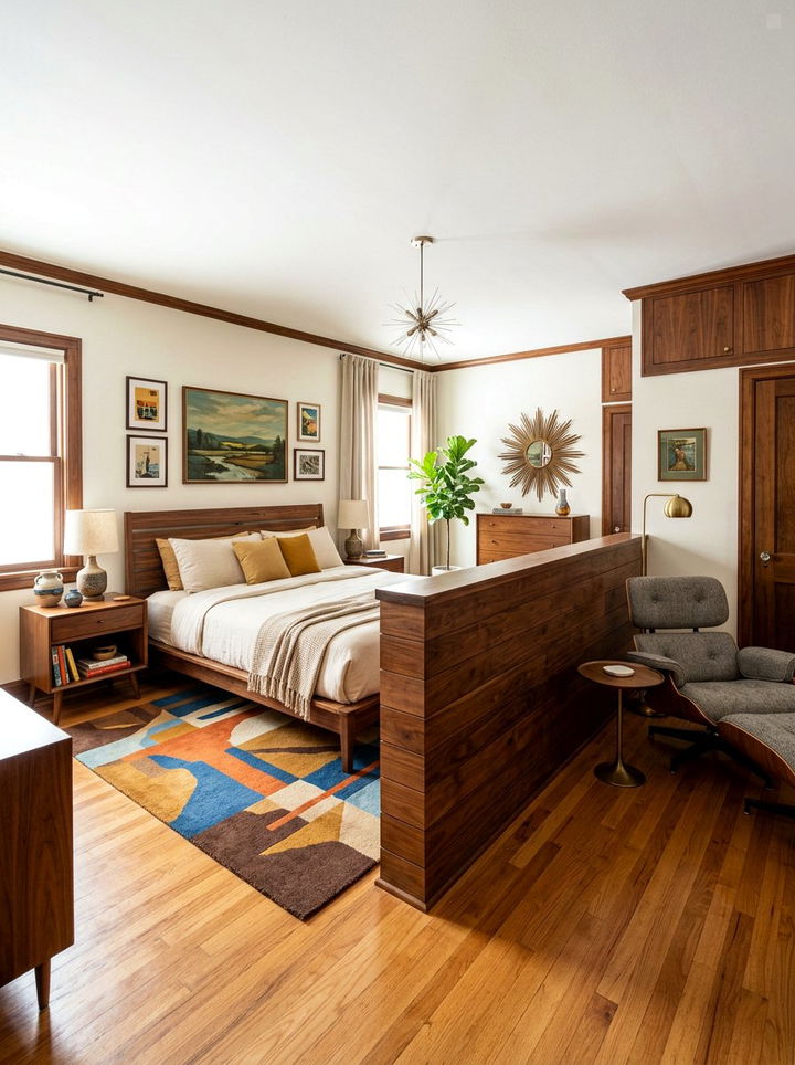 Mid century modern pony wall with walnut - 30 bedroom pony wall ideas