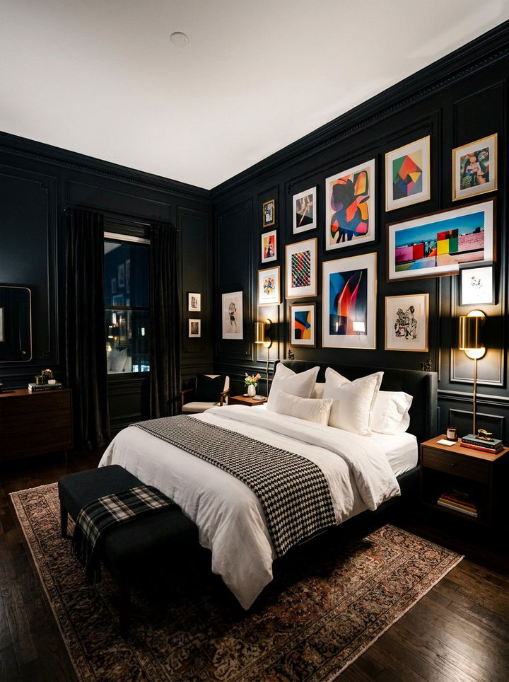 Midnight Black Picture Frame Wall - 30 bedroom wainscoting ideas
