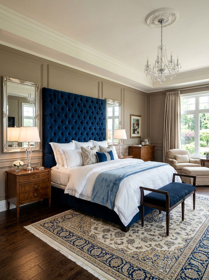 Midnight Blue Diamond Tufted Velvet Headboard - 30 bedroom velvet headboards